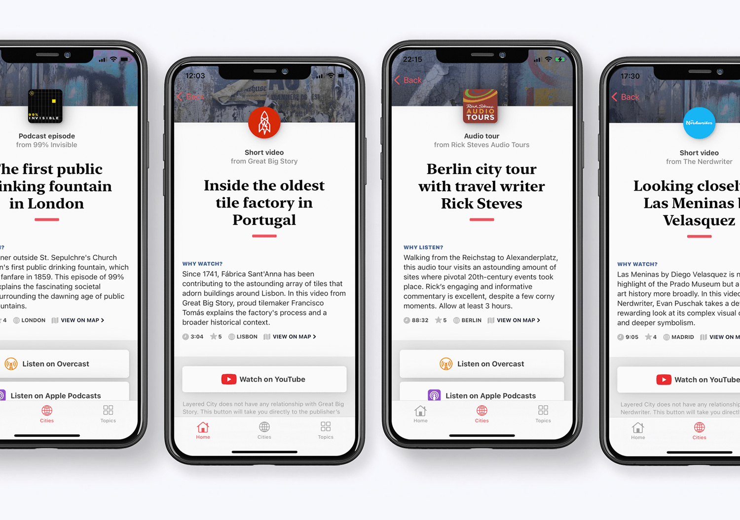 Four featured Layered City stories side by side