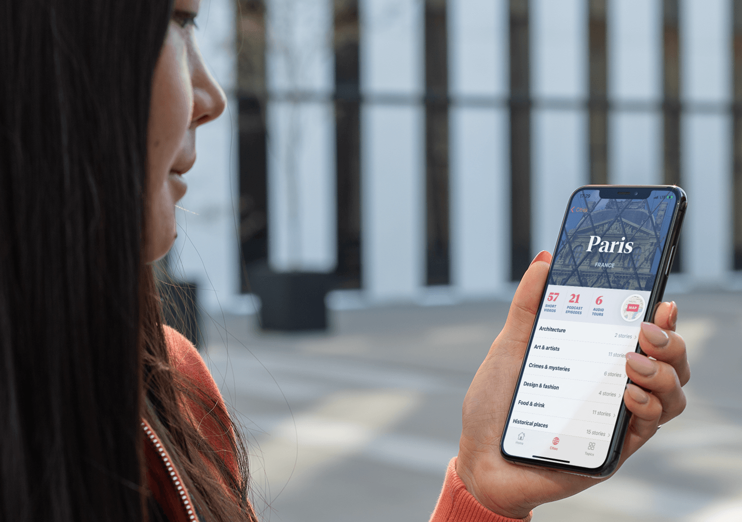 A person viewing the Paris section of the Layered City app